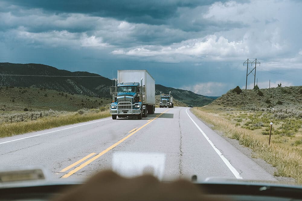 Point of view of a driver seeing an oncoming truck